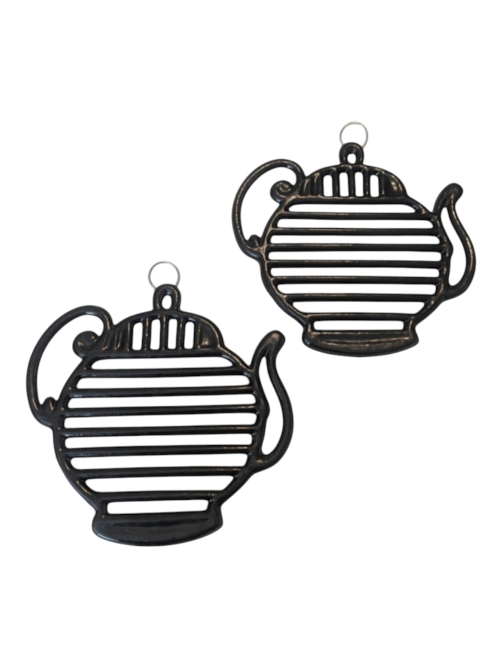 Y2K 2 ODI Teapot Kettle Shaped Black Coated Cast Iron 3 Footed Trivets W Hangers